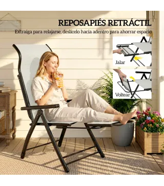 Pack de 2 Sillas Plegables Reclinables de Jardín Exterior con Respaldo Alto Ajustable en 5 Posiciones Reposapiés Gris