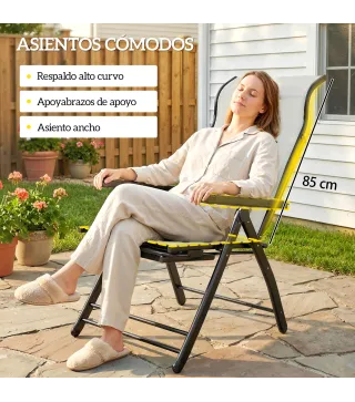 Pack de 2 Sillas Plegables Reclinables de Jardín Exterior con Respaldo Alto Ajustable en 5 Posiciones Reposapiés Gris