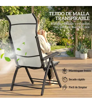 Pack de 2 Sillas Plegables Reclinables de Jardín Exterior con Respaldo Alto Ajustable en 5 Posiciones Reposapiés Gris