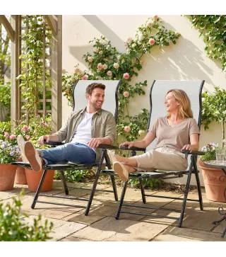 Pack de 2 Sillas Plegables Reclinables de Jardín Exterior con Respaldo Alto Ajustable en 5 Posiciones Reposapiés Gris