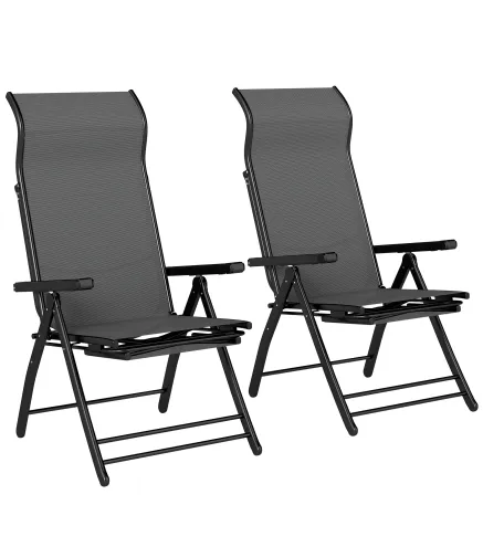 Pack de 2 Sillas Plegables Reclinables de Jardín Exterior con Respaldo Alto Ajustable en 5 Posiciones Reposapiés Gris
