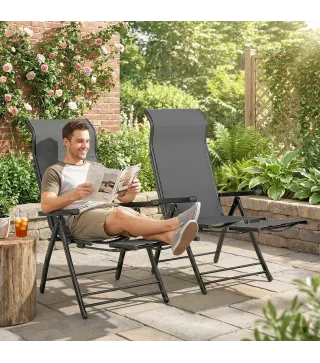 Pack de 2 Sillas Plegables Reclinables de Jardín Exterior con Respaldo Alto Ajustable en 5 Posiciones Reposapiés Gris