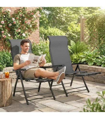 Pack de 2 Sillas Plegables Reclinables de Jardín Exterior con Respaldo Alto Ajustable en 5 Posiciones Reposapiés Gris