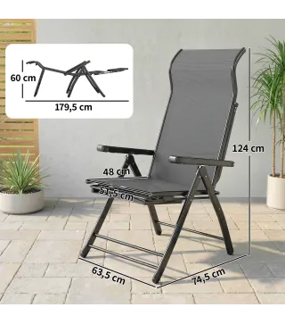 Pack de 2 Sillas Plegables Reclinables de Jardín Exterior con Respaldo Alto Ajustable en 5 Posiciones Reposapiés Gris