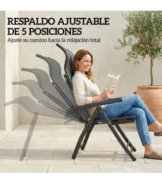 Pack de 2 Sillas Plegables Reclinables de Jardín Exterior con Respaldo Alto Ajustable en 5 Posiciones Reposapiés Gris