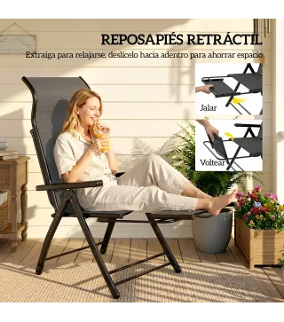 Pack de 2 Sillas Plegables Reclinables de Jardín Exterior con Respaldo Alto Ajustable en 5 Posiciones Reposapiés Gris