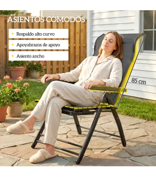 Pack de 2 Sillas Plegables Reclinables de Jardín Exterior con Respaldo Alto Ajustable en 5 Posiciones Reposapiés Gris