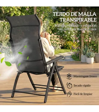 Pack de 2 Sillas Plegables Reclinables de Jardín Exterior con Respaldo Alto Ajustable en 5 Posiciones Reposapiés Gris