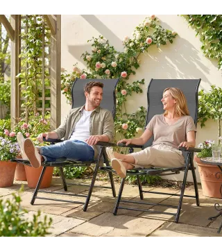 Pack de 2 Sillas Plegables Reclinables de Jardín Exterior con Respaldo Alto Ajustable en 5 Posiciones Reposapiés Gris