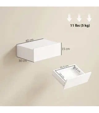 Set de 2 Mesillas de Noche de Pared Mesitas de Noche Flotantes con 1 Cajón para Dormitorio 40x30x15 cm Blanco
