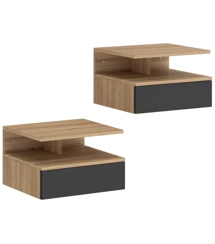 Juego de 2 Mesitas de Noche Flotantes con Cajón Montado en la Pared 35x32x22,5 cm Roble y Negro