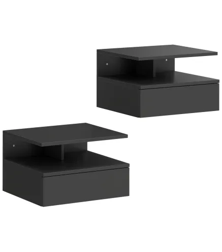 Juego de 2 Mesitas de Noche Flotantes con Cajón Montado en la Pared 35x32x22,5 cm Negro