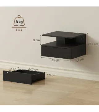 Juego de 2 Mesitas de Noche Flotantes con Cajón Montado en la Pared 35x32x22,5 cm Negro