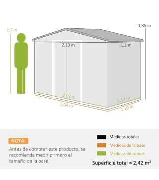 Cobertizo de Jardín Exterior 2,42 m² 213x130x185 cm con Puerta Corredera Ventilación y Kit de Fundación Amarillo