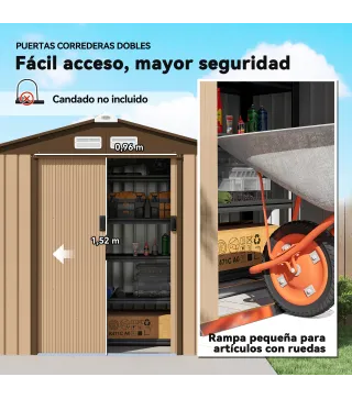 Cobertizo de Jardín Exterior 2,42 m² 213x130x185 cm con Puerta Corredera Ventilación y Kit de Fundación Amarillo