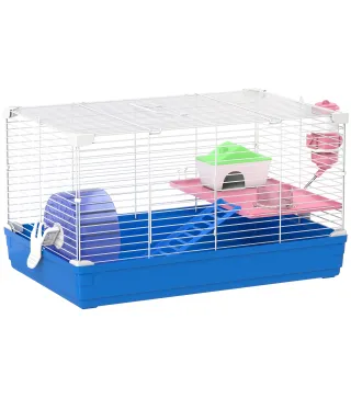 Jaula para Hámster Casa para Roedores con Rueda de Ejercicio Cuenco Bebedero Casita Rampas para Jerbos 47x30x27 cm Azul