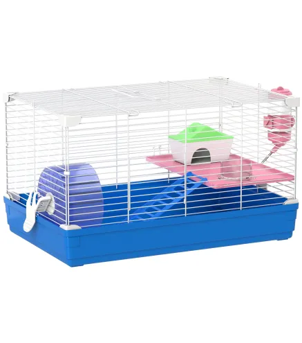 Jaula para Hámster Casa para Roedores con Rueda de Ejercicio Cuenco Bebedero Casita Rampas para Jerbos 47x30x27 cm Azul