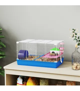 Jaula para Hámster Casa para Roedores con Rueda de Ejercicio Cuenco Bebedero Casita Rampas para Jerbos 47x30x27 cm Azul