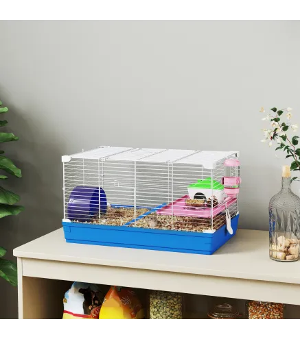 Jaula para Hámster Casa para Roedores con Rueda de Ejercicio Cuenco Bebedero Casita Rampas para Jerbos 47x30x27 cm Azul