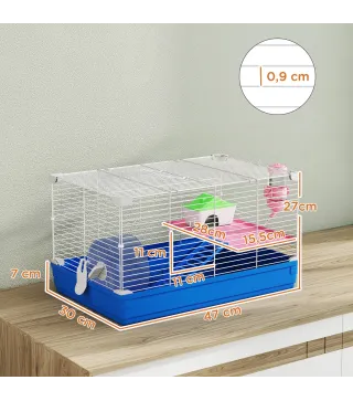 Jaula para Hámster Casa para Roedores con Rueda de Ejercicio Cuenco Bebedero Casita Rampas para Jerbos 47x30x27 cm Azul