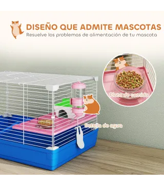 Jaula para Hámster Casa para Roedores con Rueda de Ejercicio Cuenco Bebedero Casita Rampas para Jerbos 47x30x27 cm Azul