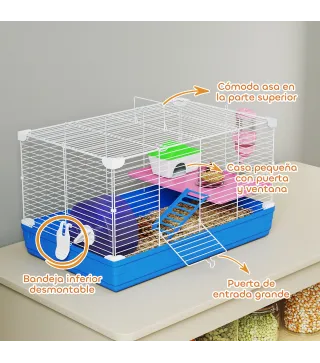 Jaula para Hámster Casa para Roedores con Rueda de Ejercicio Cuenco Bebedero Casita Rampas para Jerbos 47x30x27 cm Azul