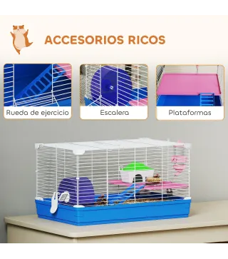 Jaula para Hámster Casa para Roedores con Rueda de Ejercicio Cuenco Bebedero Casita Rampas para Jerbos 47x30x27 cm Azul
