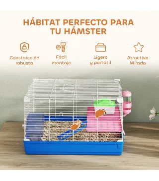 Jaula para Hámster Casa para Roedores con Rueda de Ejercicio Cuenco Bebedero Casita Rampas para Jerbos 47x30x27 cm Azul