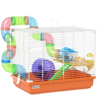 Jaula para Hámster con Túnel Cuenco Bebedero Casita Rampa Rueda de Ejercicio Bandeja Extraíble 46x30x37 cm Naranja
