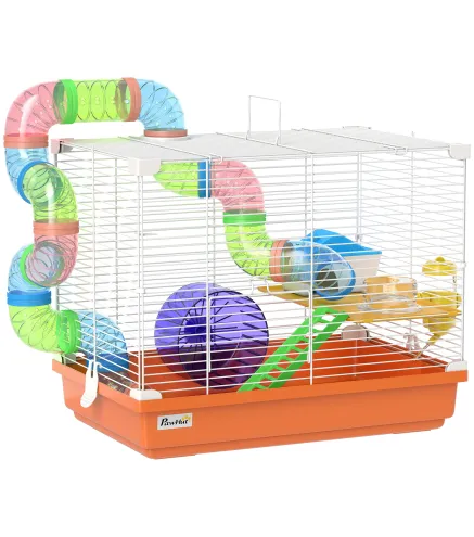 Jaula para Hámster con Túnel Cuenco Bebedero Casita Rampa Rueda de Ejercicio Bandeja Extraíble 46x30x37 cm Naranja