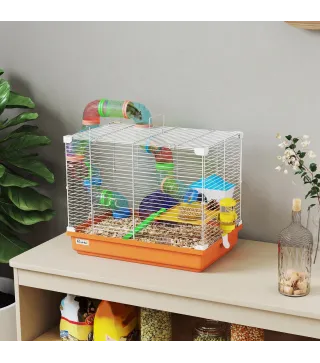 Jaula para Hámster con Túnel Cuenco Bebedero Casita Rampa Rueda de Ejercicio Bandeja Extraíble 46x30x37 cm Naranja