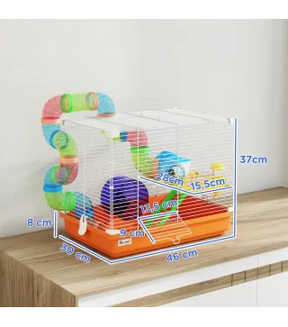 Jaula para Hámster con Túnel Cuenco Bebedero Casita Rampa Rueda de Ejercicio Bandeja Extraíble 46x30x37 cm Naranja