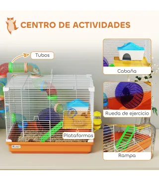 Jaula para Hámster con Túnel Cuenco Bebedero Casita Rampa Rueda de Ejercicio Bandeja Extraíble 46x30x37 cm Naranja