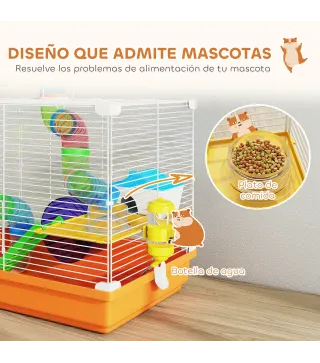 Jaula para Hámster con Túnel Cuenco Bebedero Casita Rampa Rueda de Ejercicio Bandeja Extraíble 46x30x37 cm Naranja
