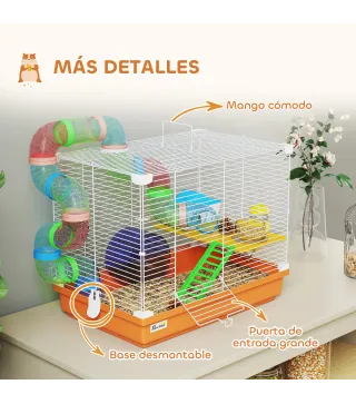 Jaula para Hámster con Túnel Cuenco Bebedero Casita Rampa Rueda de Ejercicio Bandeja Extraíble 46x30x37 cm Naranja