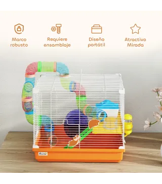 Jaula para Hámster con Túnel Cuenco Bebedero Casita Rampa Rueda de Ejercicio Bandeja Extraíble 46x30x37 cm Naranja