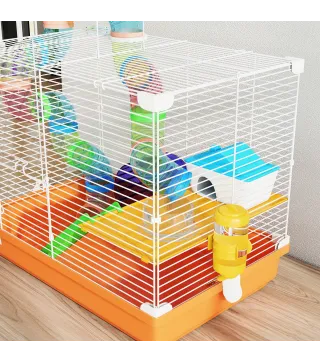 Jaula para Hámster con Túnel Cuenco Bebedero Casita Rampa Rueda de Ejercicio Bandeja Extraíble 46x30x37 cm Naranja