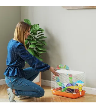 Jaula para Hámster con Túnel Cuenco Bebedero Casita Rampa Rueda de Ejercicio Bandeja Extraíble 46x30x37 cm Naranja