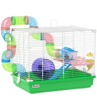 Jaula para Hámster con Túnel Cuenco Bebedero Casita Rampa Rueda de Ejercicio Bandeja Extraíble 46x30x37 cm Verde