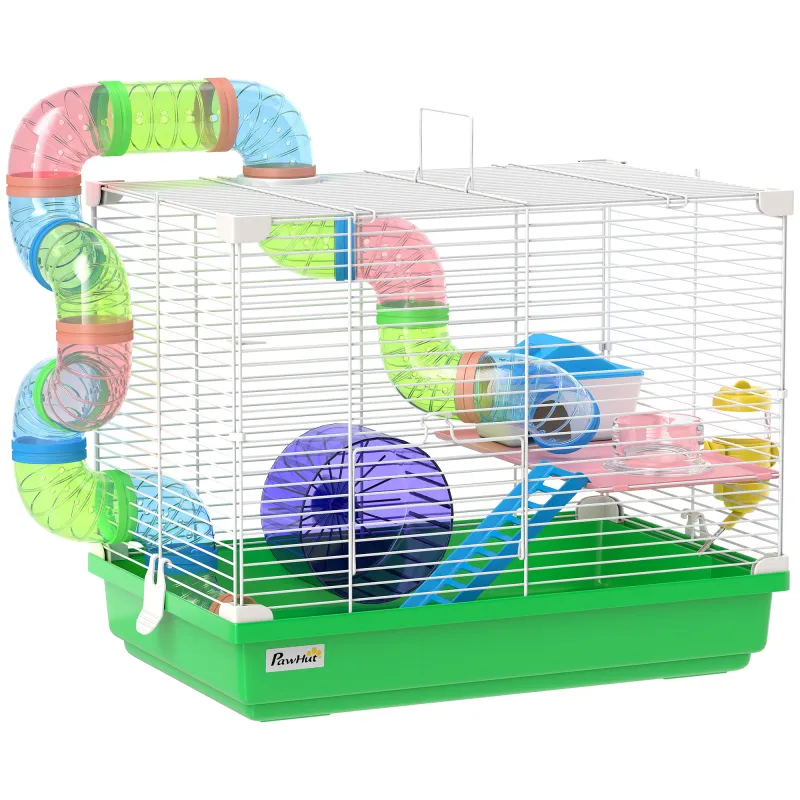 Jaula para Hámster con Túnel Cuenco Bebedero Casita Rampa Rueda de Ejercicio Bandeja Extraíble 46x30x37 cm Verde Jaula para Hámster con Túnel Cuenco Bebedero Casita Rampa Rueda de Ejercicio Bandeja Extraíble 46x30x37 cm Verde