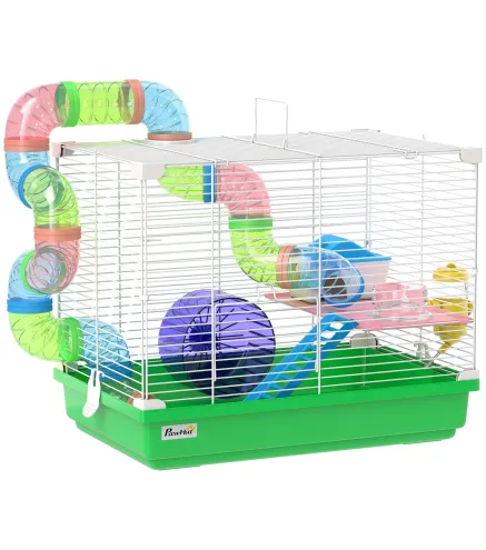 Jaula para Hámster con Túnel Cuenco Bebedero Casita Rampa Rueda de Ejercicio Bandeja Extraíble 46x30x37 cm Verde