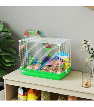 Jaula para Hámster con Túnel Cuenco Bebedero Casita Rampa Rueda de Ejercicio Bandeja Extraíble 46x30x37 cm Verde