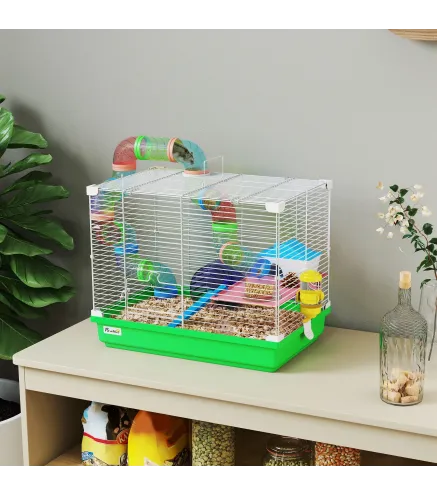 Jaula para Hámster con Túnel Cuenco Bebedero Casita Rampa Rueda de Ejercicio Bandeja Extraíble 46x30x37 cm Verde
