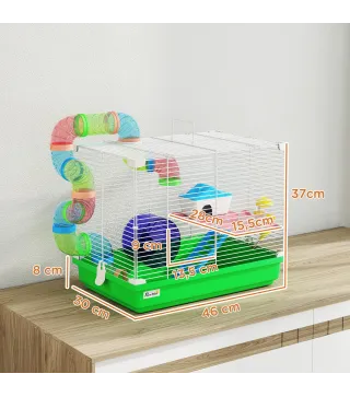 Jaula para Hámster con Túnel Cuenco Bebedero Casita Rampa Rueda de Ejercicio Bandeja Extraíble 46x30x37 cm Verde