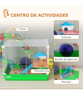 Jaula para Hámster con Túnel Cuenco Bebedero Casita Rampa Rueda de Ejercicio Bandeja Extraíble 46x30x37 cm Verde
