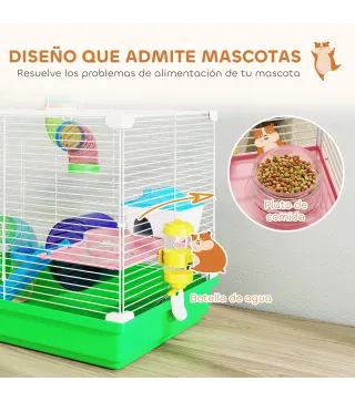 Jaula para Hámster con Túnel Cuenco Bebedero Casita Rampa Rueda de Ejercicio Bandeja Extraíble 46x30x37 cm Verde