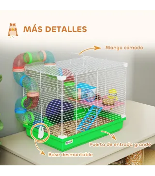 Jaula para Hámster con Túnel Cuenco Bebedero Casita Rampa Rueda de Ejercicio Bandeja Extraíble 46x30x37 cm Verde