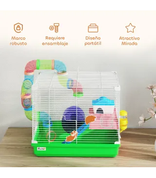 Jaula para Hámster con Túnel Cuenco Bebedero Casita Rampa Rueda de Ejercicio Bandeja Extraíble 46x30x37 cm Verde