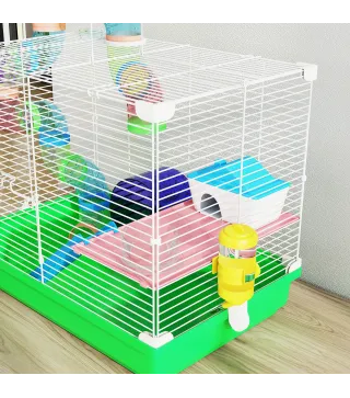 Jaula para Hámster con Túnel Cuenco Bebedero Casita Rampa Rueda de Ejercicio Bandeja Extraíble 46x30x37 cm Verde