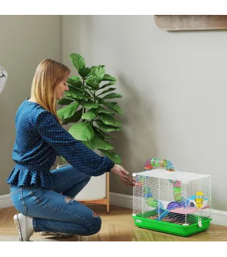 Jaula para Hámster con Túnel Cuenco Bebedero Casita Rampa Rueda de Ejercicio Bandeja Extraíble 46x30x37 cm Verde